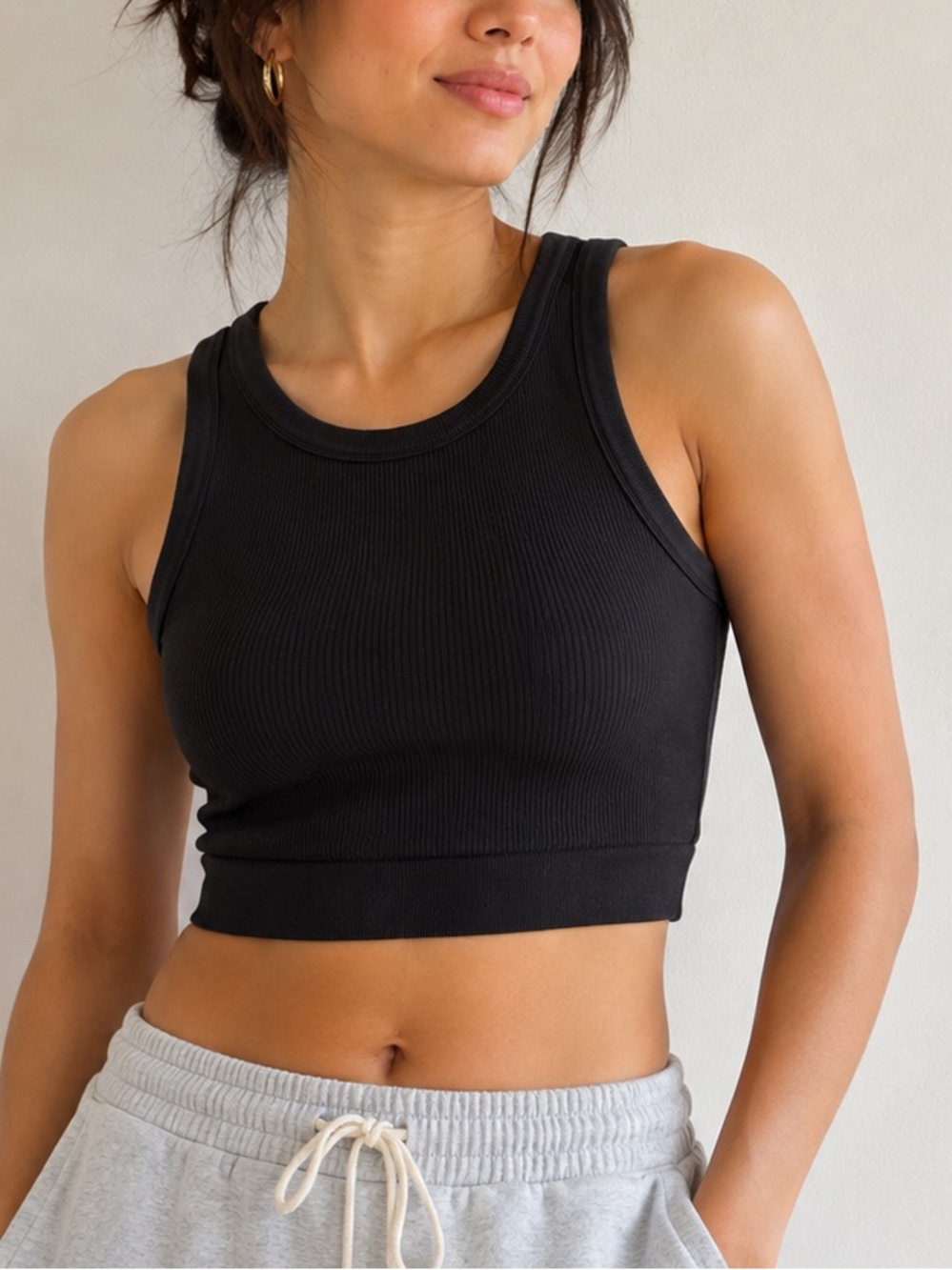 Aerie OFFLINE Black Ribbed High Neck Sports Bra Crop Tank Size Large